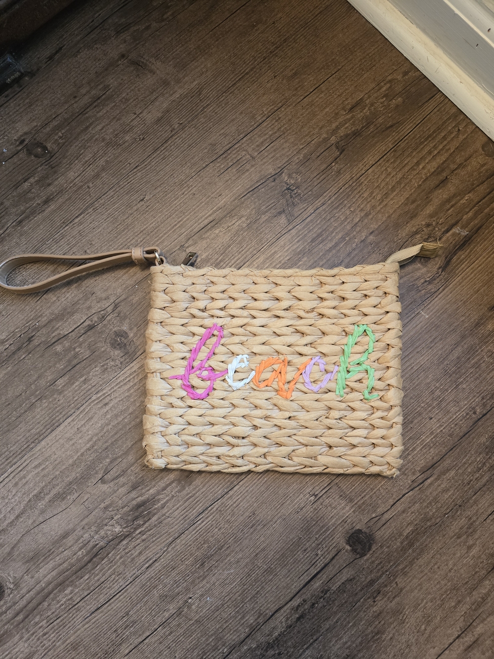 Straw Wristlet Clutch with Multicolor 'Beach' Script